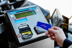 Gateway card being used near a bus farebox